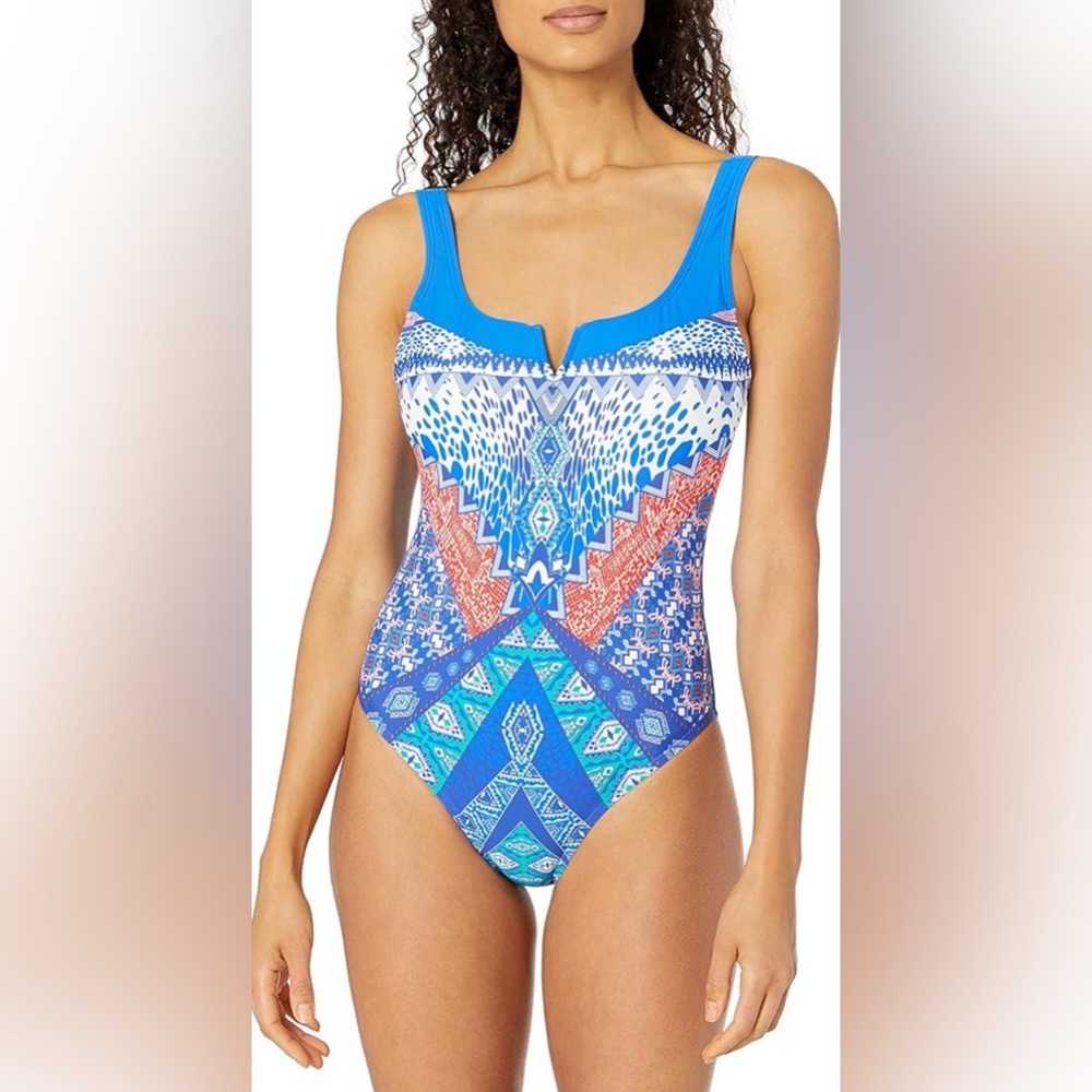 (NWT) ELLEN TRACY Rio Bright Blue Boho Tribal Aztec One Piece Swimsuit Size 12